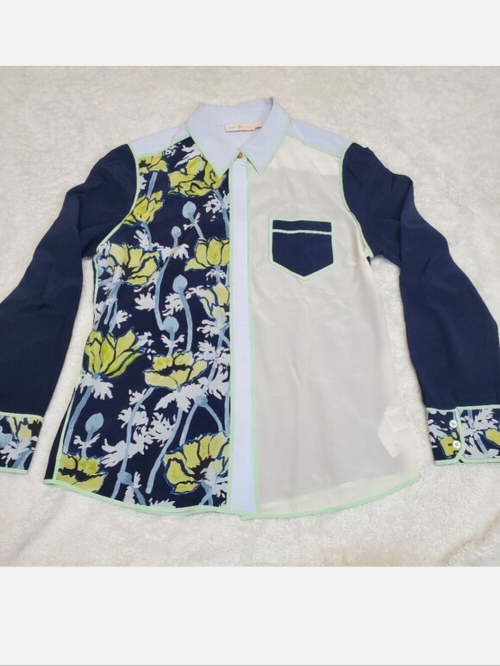 Tory Burch‎ Navy Blue Floral Silk Blouse 8 Luxury Classic Old Money Feminine